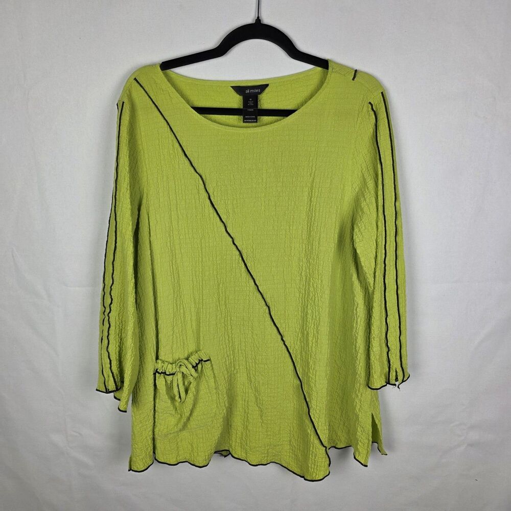 Ali Miles Top Womens Medium Lime green Crinkle Tunic Colorful Artsy Lagenlook